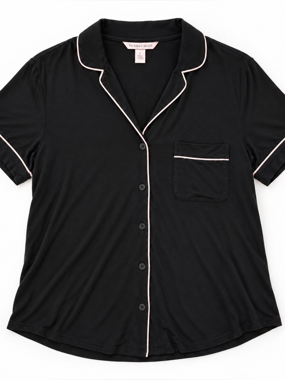 Victoria’s Secret Modal Pajama Top Small Black Pink Piping Button Front